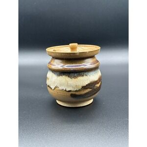 Vintage Artisan Signed Studio Pottery Honey Pot Drip Glaze Brown Cream 4.5"